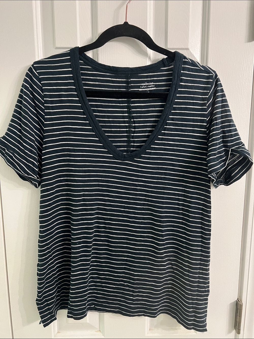 Banana Republic Black & White Striped V-Neck Short Sleeve Top
